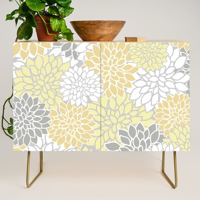 Dahlia Floral Blooms, Soft Yellow, Gray, White Credenza Gallery Image 1