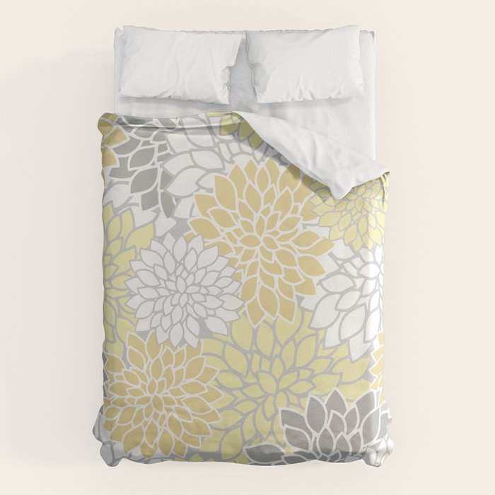 Dahlia Floral Blooms, Soft Yellow, Gray, White Duvet Cover Gallery Image 6