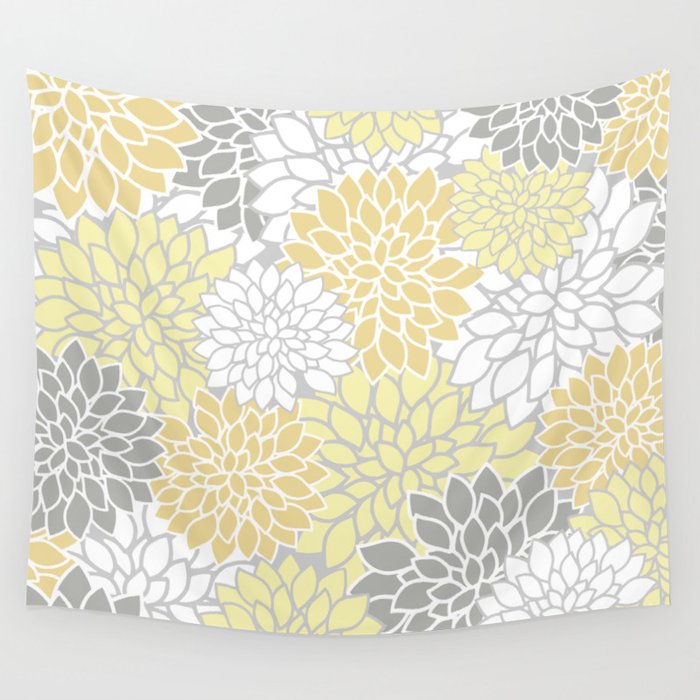 Dahlia Floral Blooms, Soft Yellow, Gray, White Wall Tapestry Gallery Image 4