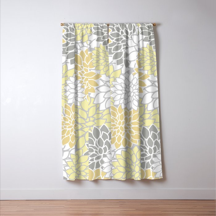 Dahlia Floral Blooms, Soft Yellow, Gray, White Window Curtain Gallery Image 3
