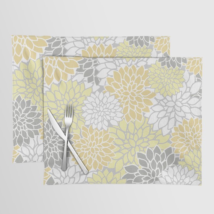 Dahlia Floral Blooms, Soft Yellow, Gray, White Placemat Gallery Image 1