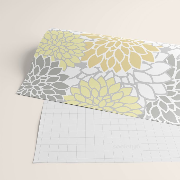Dahlia Floral Blooms, Soft Yellow, Gray, White Wrapping Paper Gallery Image 2