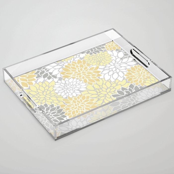 Dahlia Floral Blooms, Soft Yellow, Gray, White Acrylic Tray Gallery Image 1