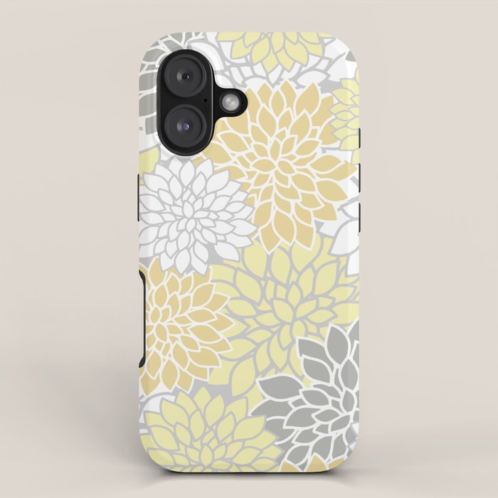 Dahlia Floral Blooms, Soft Yellow, Gray, White iPhone Case Gallery Image 1