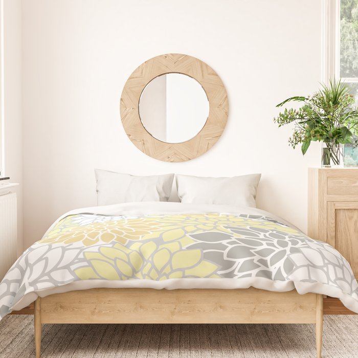Dahlia Floral Blooms, Soft Yellow, Gray, White Duvet Cover Gallery Image 3