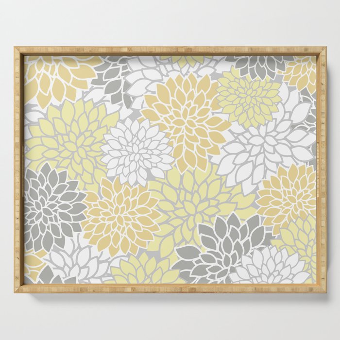 Dahlia Floral Blooms, Soft Yellow, Gray, White Serving Tray Gallery Image 1