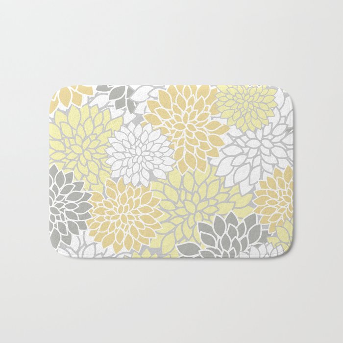 Dahlia Floral Blooms, Soft Yellow, Gray, White Bath Mat Gallery Image 1