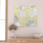 Dahlia Floral Blooms, Soft Yellow, Gray, White Wall Tapestry Gallery Image 2