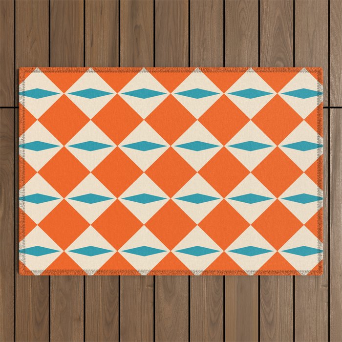 Geometric Diamond Pattern 823 Orange Turquoise and Beige Outdoor Rug Gallery Image 1