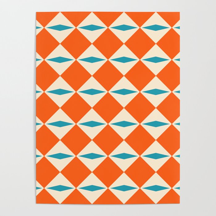 Geometric Diamond Pattern 823 Orange Turquoise and Beige Poster Gallery Image 1