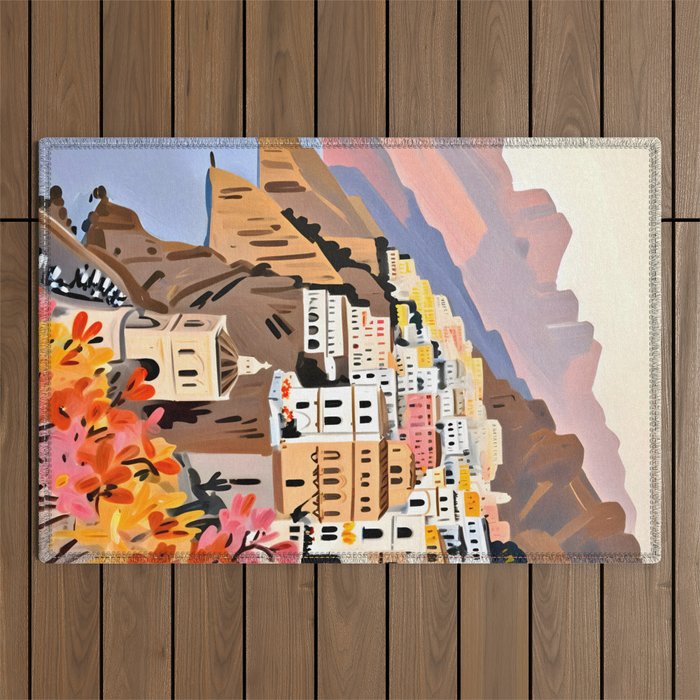 Amalfi Coast, Painting Nature Landscape Travel, Summer Romantic Scenic Pastel Colorful Places, Exotic Europe Mountains Hills Valley Beach Ocean Illustration Outdoor Rug Gallery Image 1