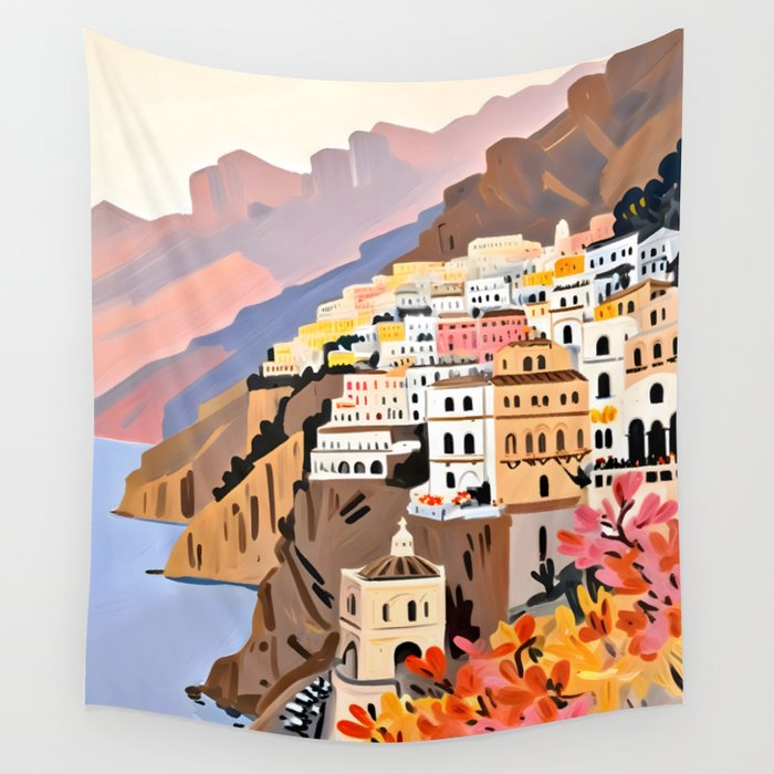 Amalfi Coast, Painting Nature Landscape Travel, Summer Romantic Scenic Pastel Colorful Places, Exotic Europe Mountains Hills Valley Beach Ocean Illustration Wall Tapestry Gallery Image 4