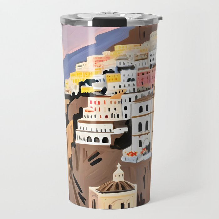 Amalfi Coast, Painting Nature Landscape Travel, Summer Romantic Scenic Pastel Colorful Places, Exotic Europe Mountains Hills Valley Beach Ocean Illustration Travel Mug Gallery Image 1