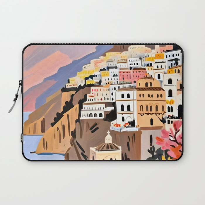 Amalfi Coast, Painting Nature Landscape Travel, Summer Romantic Scenic Pastel Colorful Places, Exotic Europe Mountains Hills Valley Beach Ocean Illustration Laptop Sleeve Gallery Image 1