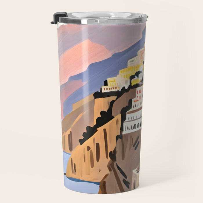 Amalfi Coast, Painting Nature Landscape Travel, Summer Romantic Scenic Pastel Colorful Places, Exotic Europe Mountains Hills Valley Beach Ocean Illustration Travel Mug Gallery Image 3