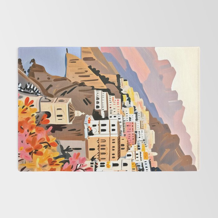 Amalfi Coast, Painting Nature Landscape Travel, Summer Romantic Scenic Pastel Colorful Places, Exotic Europe Mountains Hills Valley Beach Ocean Illustration Rug Gallery Image 2