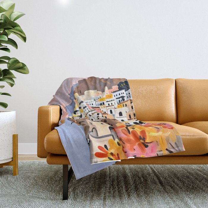 Amalfi Coast, Painting Nature Landscape Travel, Summer Romantic Scenic Pastel Colorful Places, Exotic Europe Mountains Hills Valley Beach Ocean Illustration Throw Blanket Gallery Image 1