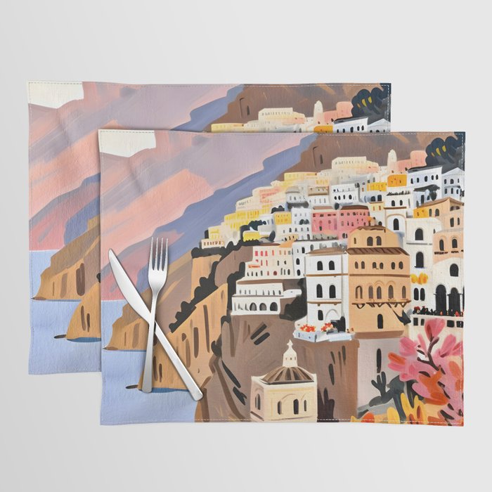 Amalfi Coast, Painting Nature Landscape Travel, Summer Romantic Scenic Pastel Colorful Places, Exotic Europe Mountains Hills Valley Beach Ocean Illustration Placemat Gallery Image 1