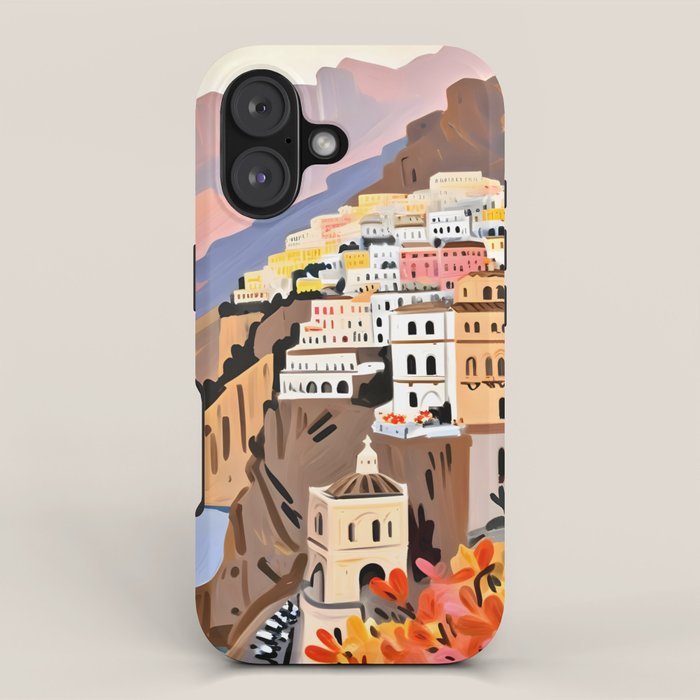 Amalfi Coast, Painting Nature Landscape Travel, Summer Romantic Scenic Pastel Colorful Places, Exotic Europe Mountains Hills Valley Beach Ocean Illustration iPhone Case Gallery Image 1