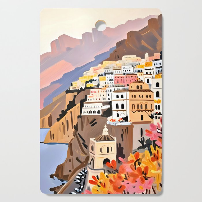 Amalfi Coast, Painting Nature Landscape Travel, Summer Romantic Scenic Pastel Colorful Places, Exotic Europe Mountains Hills Valley Beach Ocean Illustration Cutting Board Gallery Image 1