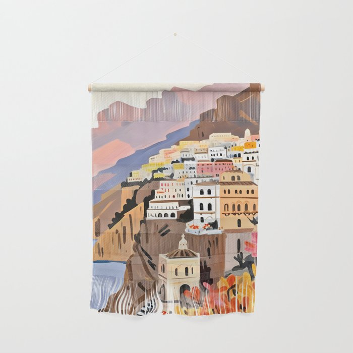 Amalfi Coast, Painting Nature Landscape Travel, Summer Romantic Scenic Pastel Colorful Places, Exotic Europe Mountains Hills Valley Beach Ocean Illustration Wall Hanging Gallery Image 1