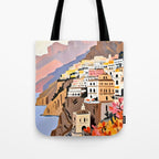 Amalfi Coast, Painting Nature Landscape Travel, Summer Romantic Scenic Pastel Colorful Places, Exotic Europe Mountains Hills Valley Beach Ocean Illustration Tote Bag Gallery Image 1