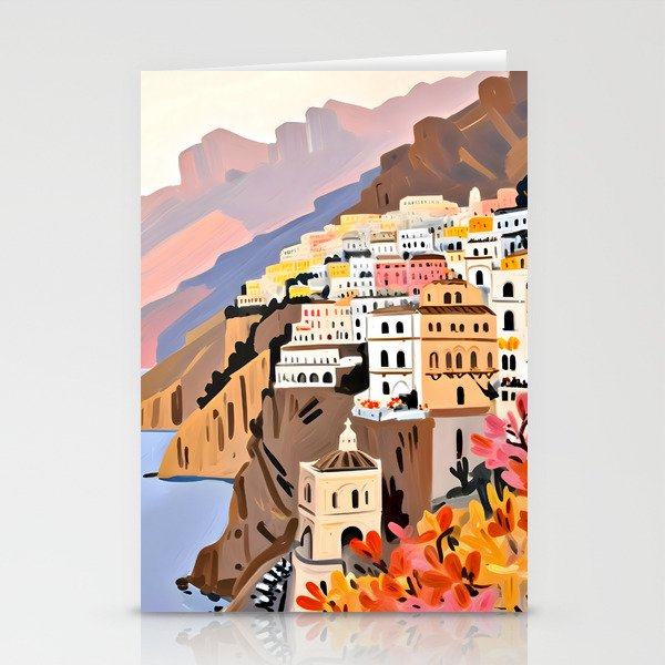 Amalfi Coast, Painting Nature Landscape Travel, Summer Romantic Scenic Pastel Colorful Places, Exotic Europe Mountains Hills Valley Beach Ocean Illustration Stationery Card Gallery Image 1