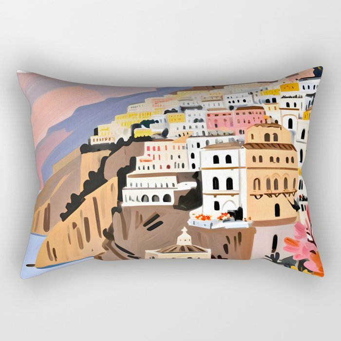Amalfi Coast, Painting Nature Landscape Travel, Summer Romantic Scenic Pastel Colorful Places, Exotic Europe Mountains Hills Valley Beach Ocean Illustration Rectangular Pillow Gallery Image 1