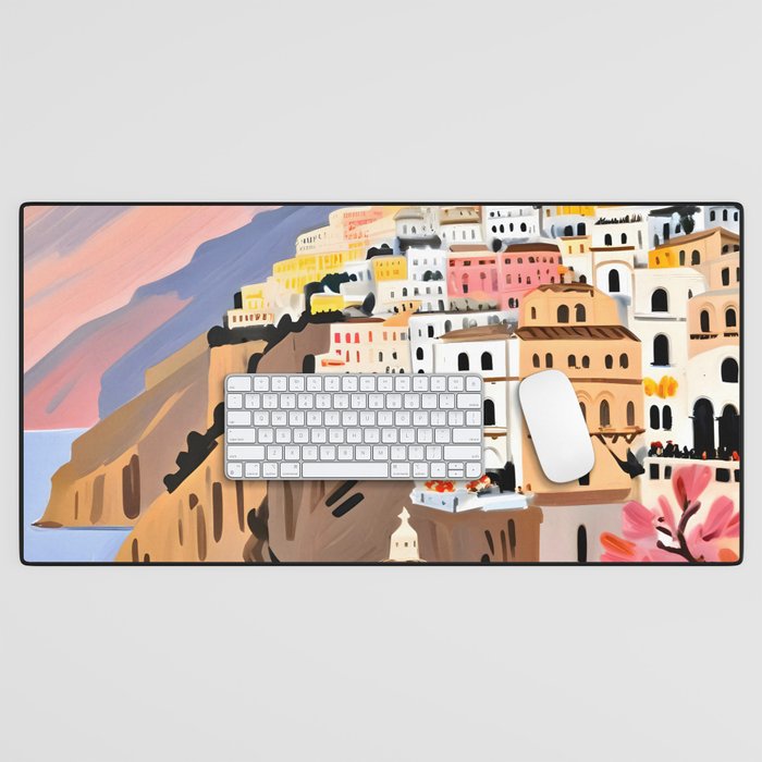 Amalfi Coast, Painting Nature Landscape Travel, Summer Romantic Scenic Pastel Colorful Places, Exotic Europe Mountains Hills Valley Beach Ocean Illustration Desk Mat Gallery Image 1