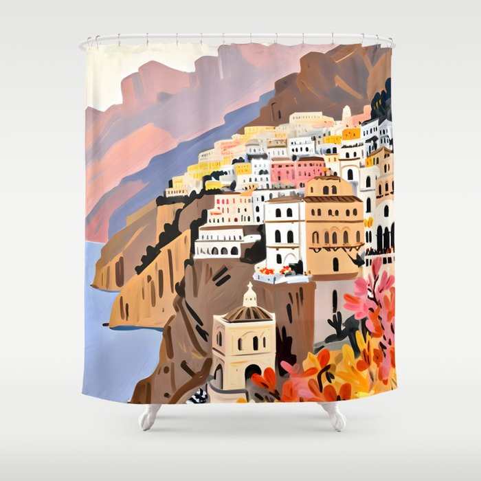 Amalfi Coast, Painting Nature Landscape Travel, Summer Romantic Scenic Pastel Colorful Places, Exotic Europe Mountains Hills Valley Beach Ocean Illustration Shower Curtain Gallery Image 1