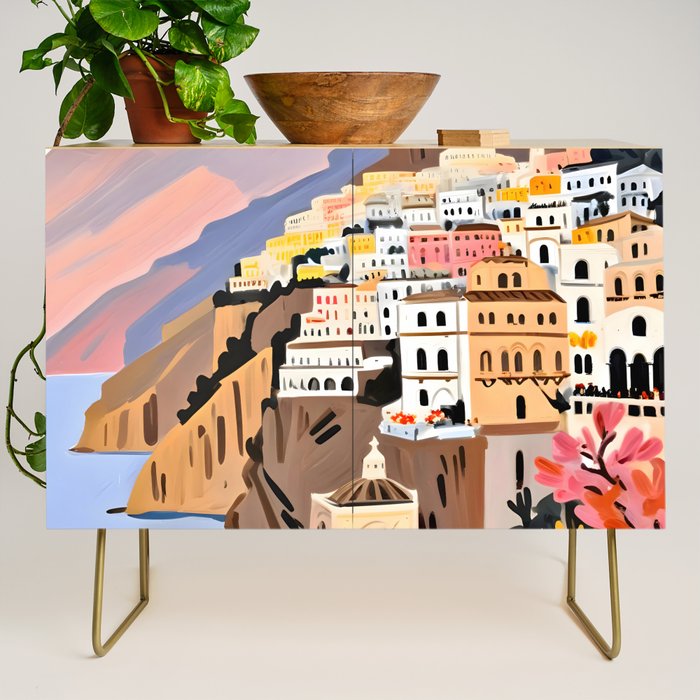 Amalfi Coast, Painting Nature Landscape Travel, Summer Romantic Scenic Pastel Colorful Places, Exotic Europe Mountains Hills Valley Beach Ocean Illustration Credenza Gallery Image 1
