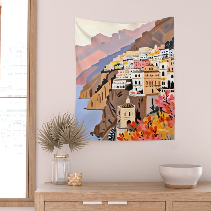 Amalfi Coast, Painting Nature Landscape Travel, Summer Romantic Scenic Pastel Colorful Places, Exotic Europe Mountains Hills Valley Beach Ocean Illustration Wall Tapestry Gallery Image 2