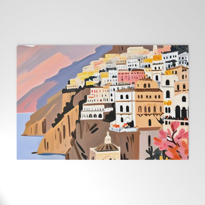 Amalfi Coast, Painting Nature Landscape Travel, Summer Romantic Scenic Pastel Colorful Places, Exotic Europe Mountains Hills Valley Beach Ocean Illustration Welcome Mat Gallery Image 1