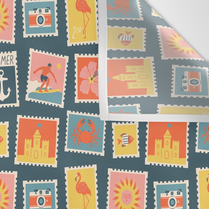 Vintage summer post stamp drawing pattern Wall Tapestry Gallery Image 3