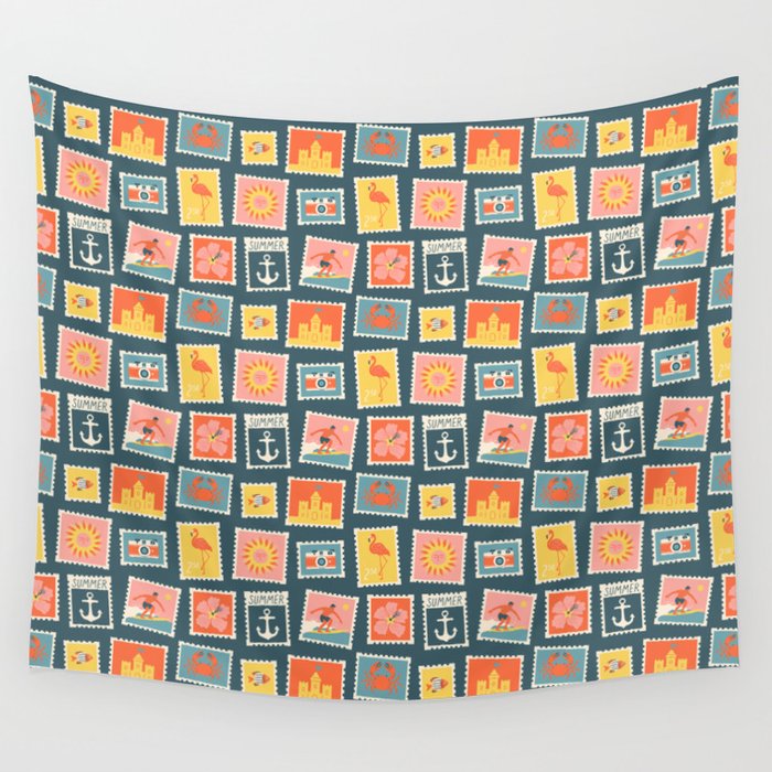 Vintage summer post stamp drawing pattern Wall Tapestry Gallery Image 4