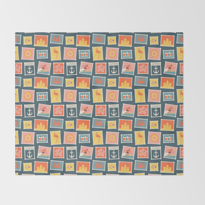 Vintage summer post stamp drawing pattern Throw Blanket Gallery Image 2