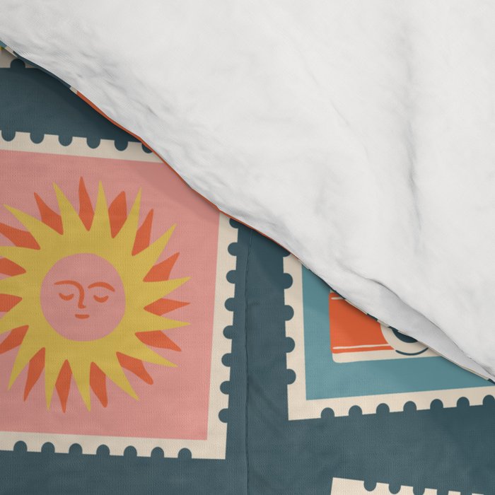 Vintage summer post stamp drawing pattern Comforter Gallery Image 4