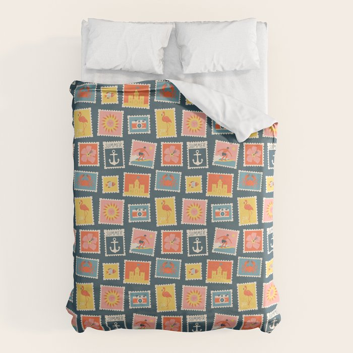 Vintage summer post stamp drawing pattern Duvet Cover Gallery Image 1