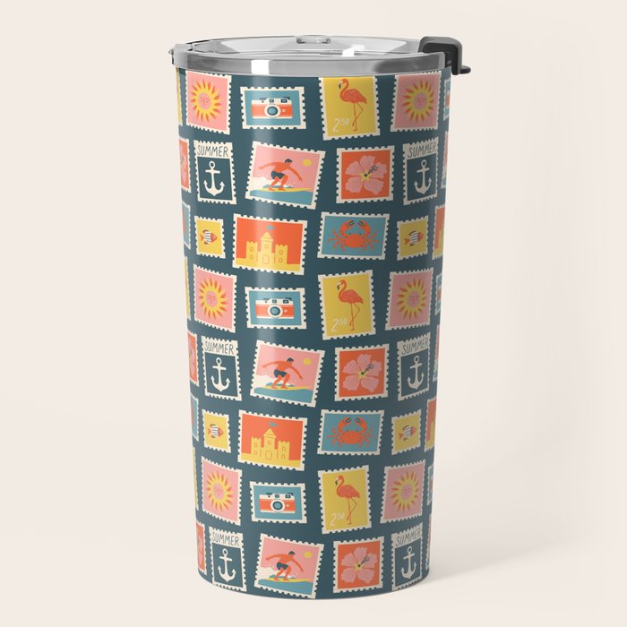 Vintage summer post stamp drawing pattern Travel Mug Gallery Image 2