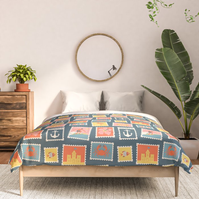 Vintage summer post stamp drawing pattern Comforter Gallery Image 3
