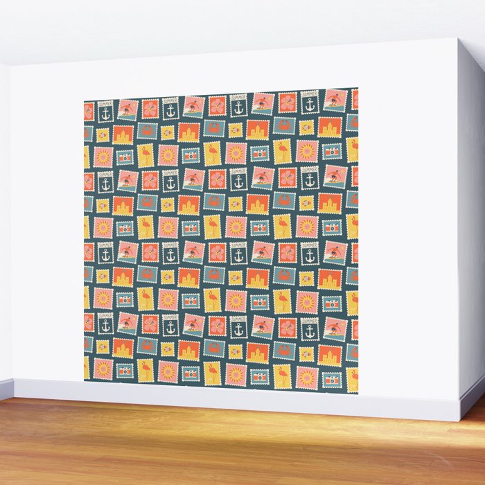 Vintage summer post stamp drawing pattern Wall Mural Gallery Image 2