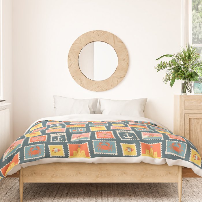 Vintage summer post stamp drawing pattern Duvet Cover Gallery Image 3