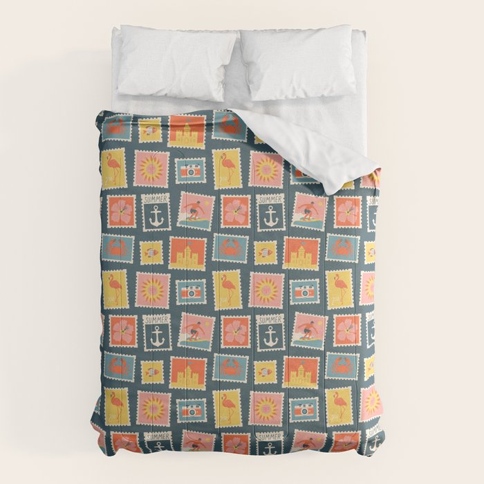 Vintage summer post stamp drawing pattern Comforter Gallery Image 6