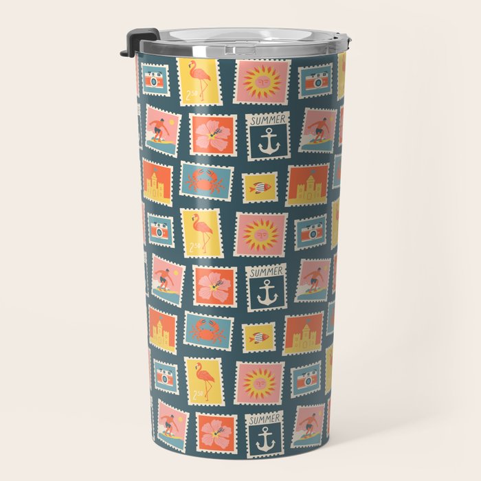 Vintage summer post stamp drawing pattern Travel Mug Gallery Image 3
