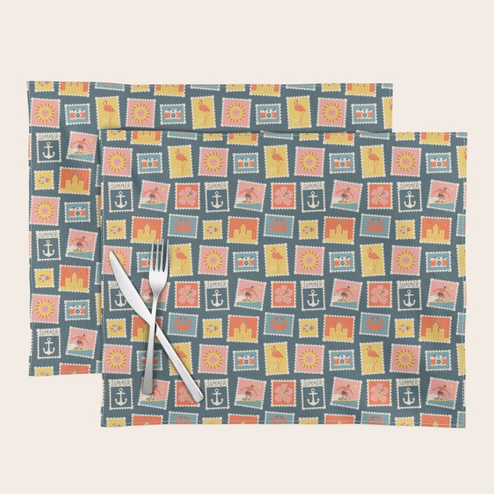 Vintage summer post stamp drawing pattern Placemat Gallery Image 1