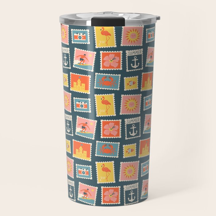 Vintage summer post stamp drawing pattern Travel Mug Gallery Image 1