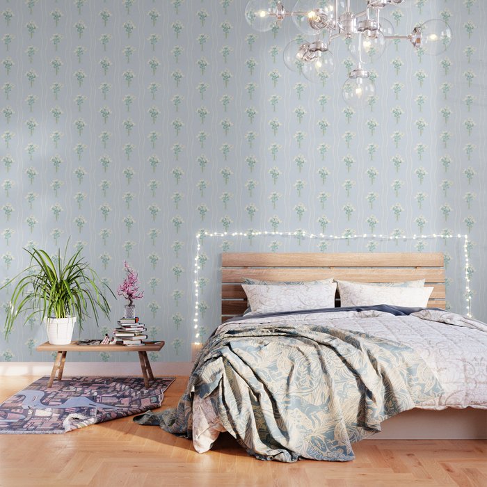 Delicate floral bouquets with vertical stripes - white jade green blue pattern Wallpaper Gallery Image 1