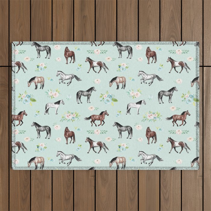 Floral Horse Pattern, Flowers and Horses, Romantic Blue, Horse Decor, Horse Art Outdoor Rug Gallery Image 1