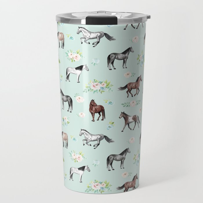 Floral Horse Pattern, Flowers and Horses, Romantic Blue, Horse Decor, Horse Art Travel Mug Gallery Image 1