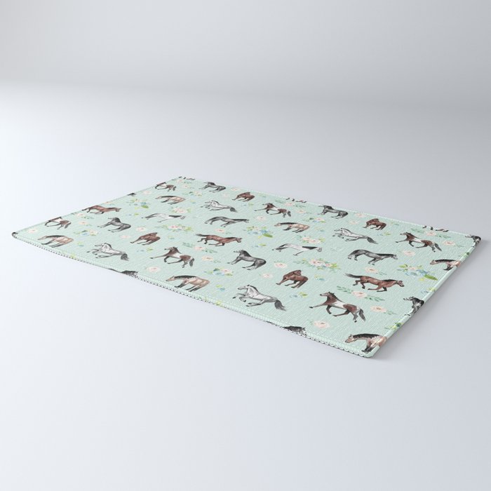 Floral Horse Pattern, Flowers and Horses, Romantic Blue, Horse Decor, Horse Art Rug Gallery Image 3